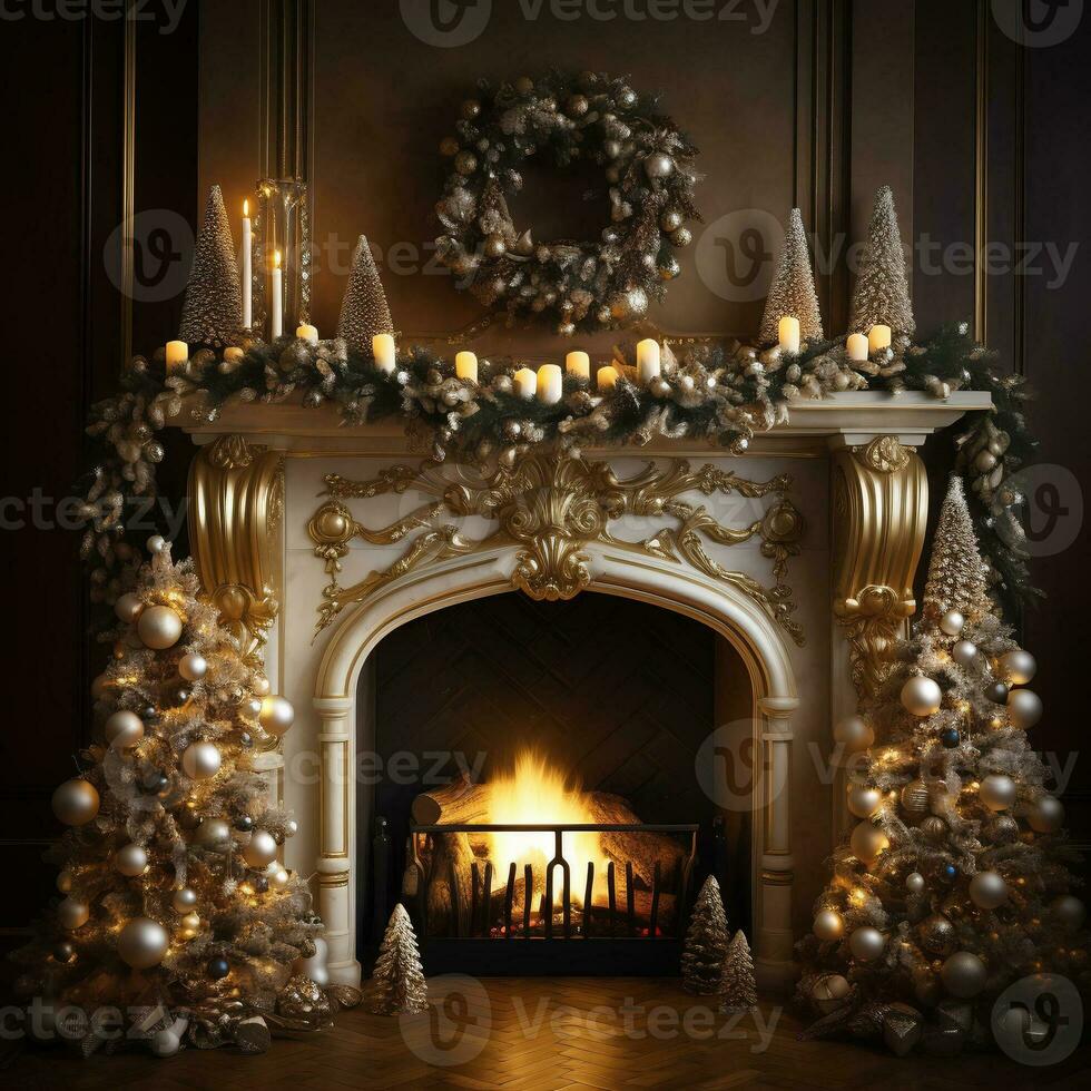 Fireplace with Christmas tree decorations, candles and presents. Cozy Christmas home. AI Generative. photo