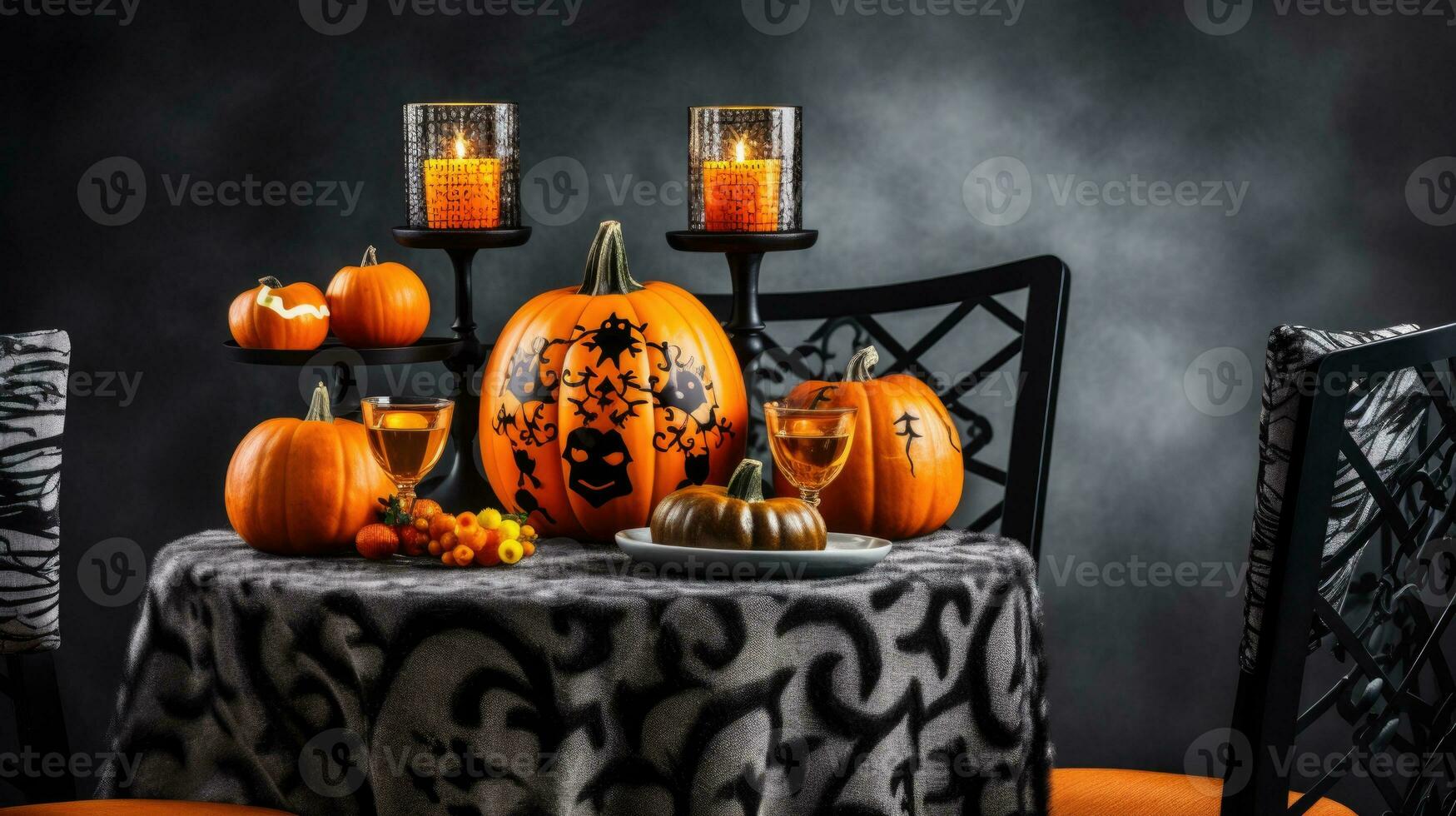 AI Generative Jack lantern on the table. Halloween night. Burning candles. Halloween background. photo