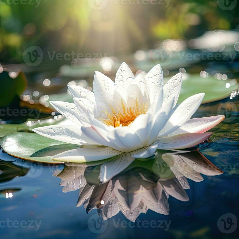 AI Generative Beautiful white water lily with dew drops on the water surface photo