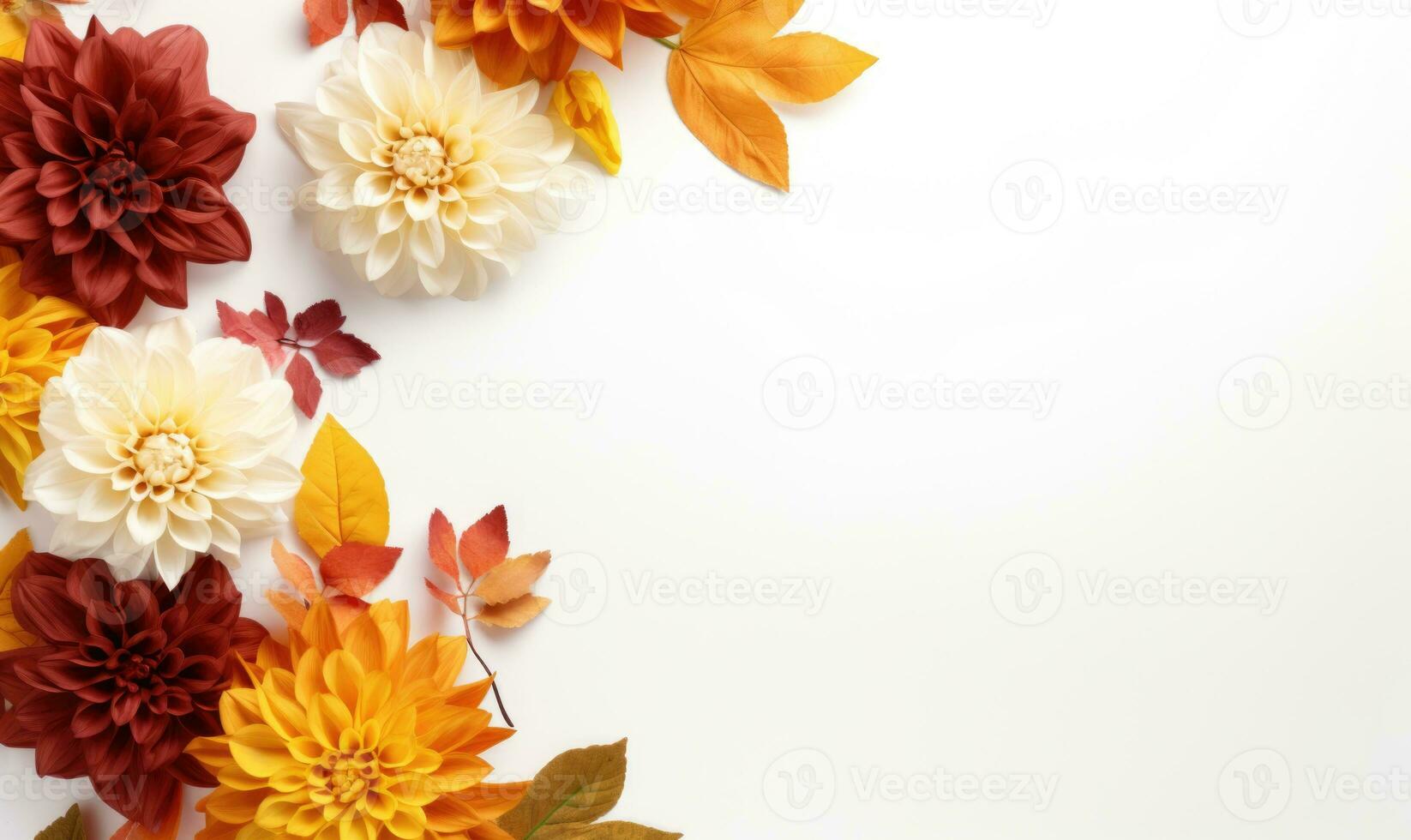 Ai generated flowers frame on wooden background. Seasonal yellow and red flowers. Autumn background. Space for text. photo