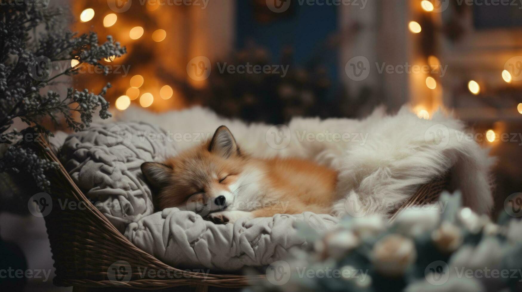 Ai generated Cute little fox sleeping in basket near Christmas tree on blurred background photo