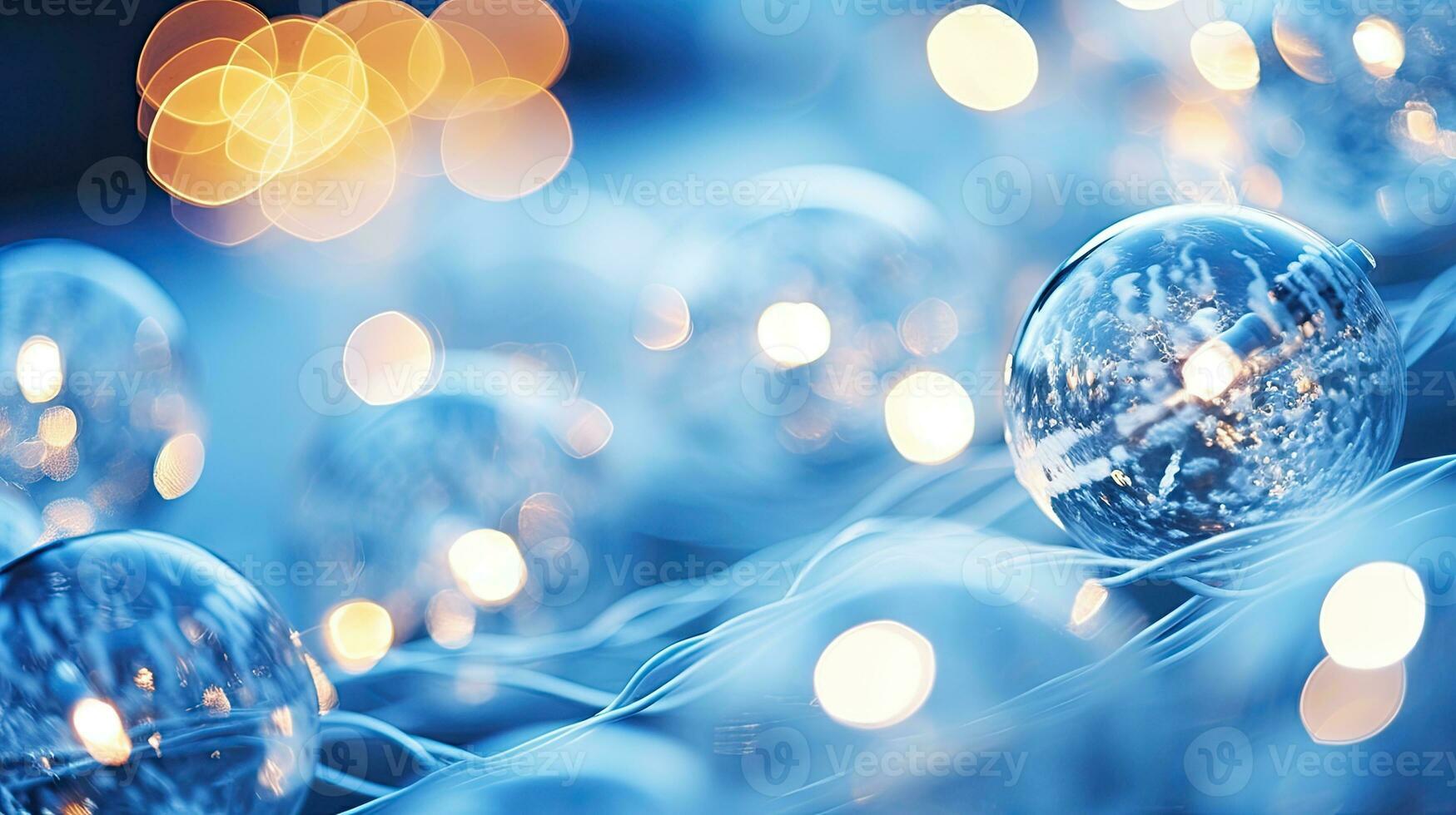AI Generative Christmas lights on a blue background with bokeh effect. Christmas background. Closeup view with depth of filed. photo