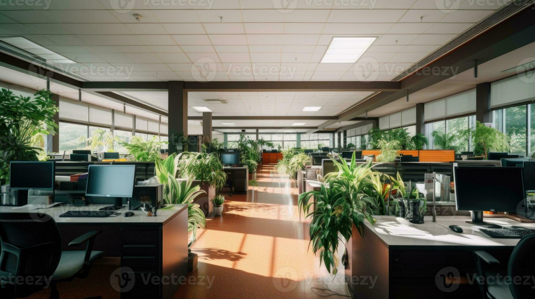 AI Generative Modern office interior with computers and green plants. Blurred background. photo