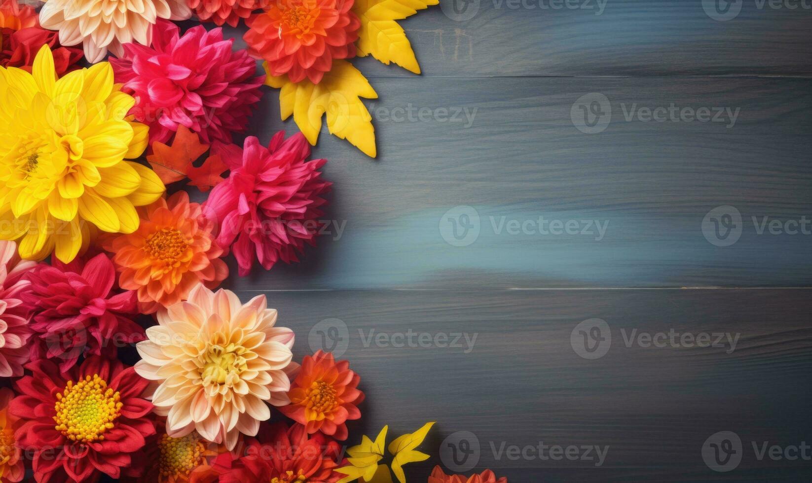 Ai generated Autumn flowers frame on wooden background. Seasonal yellow and red flowers. Autumn background. Space for text. photo