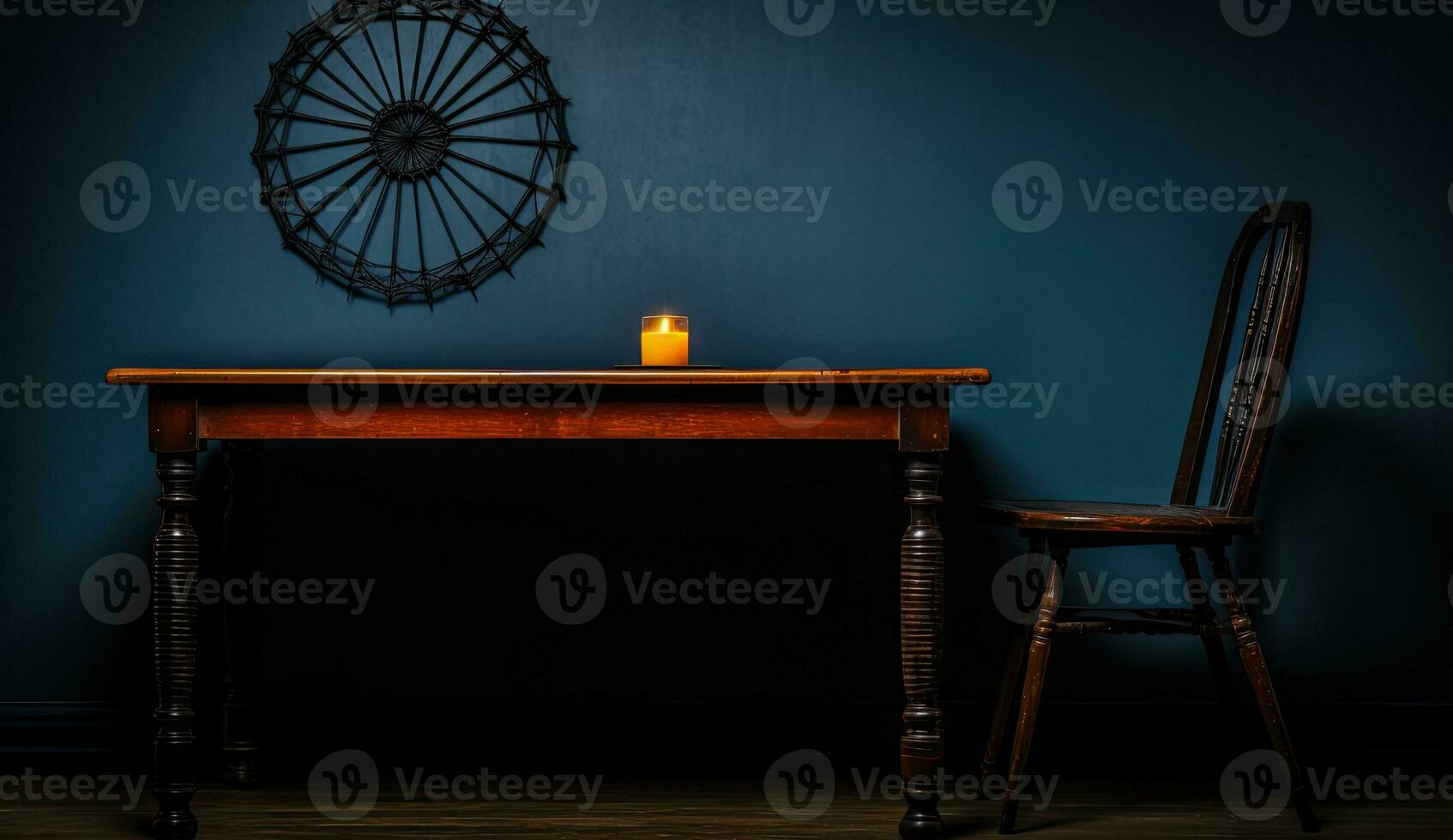AI Generative Wooden table with chair and burning candle in dark room, closeup. Halloween decoration. photo