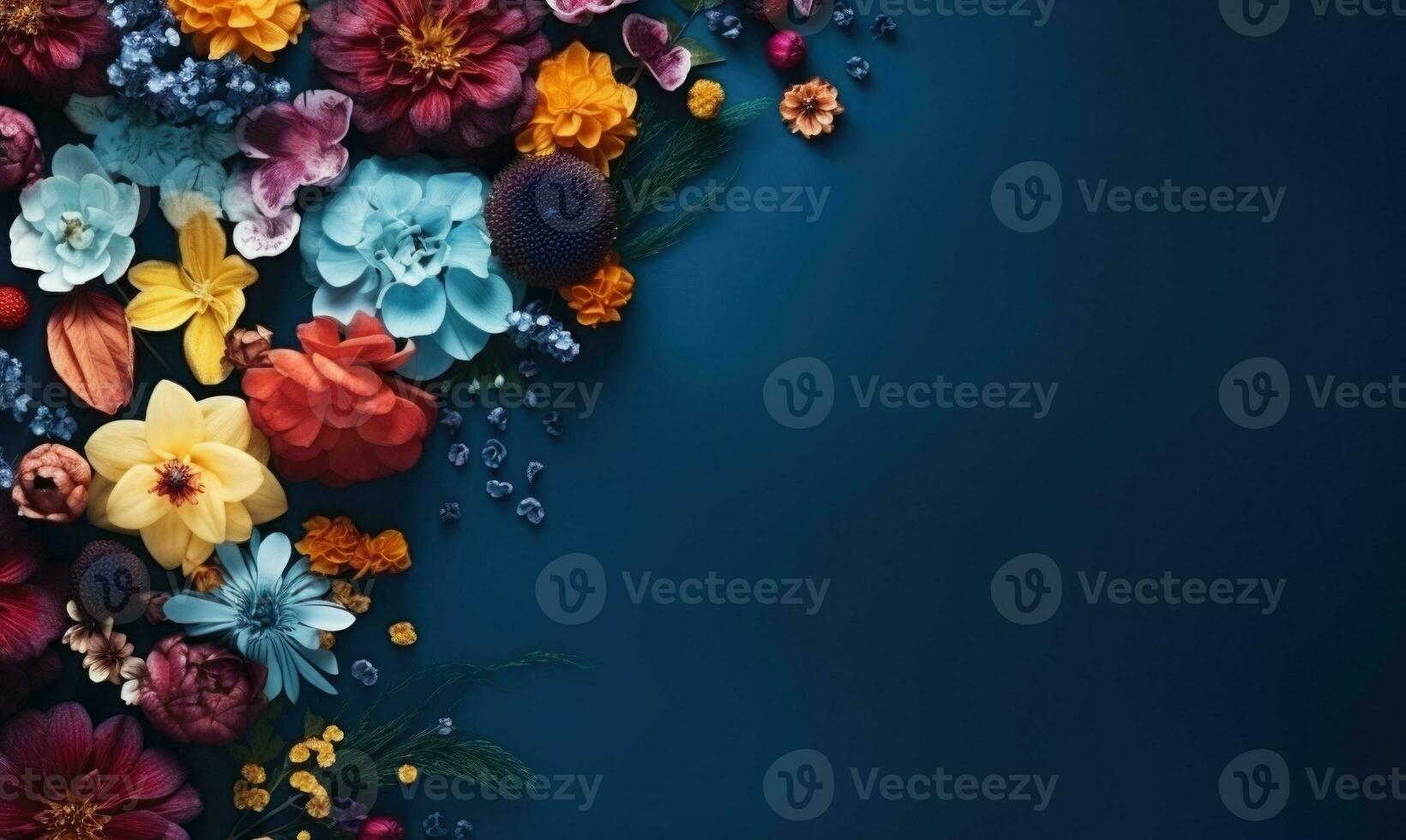 Ai generated Autumn flowers frame on wooden background. Seasonal yellow and red flowers. Autumn background. Space for text. photo