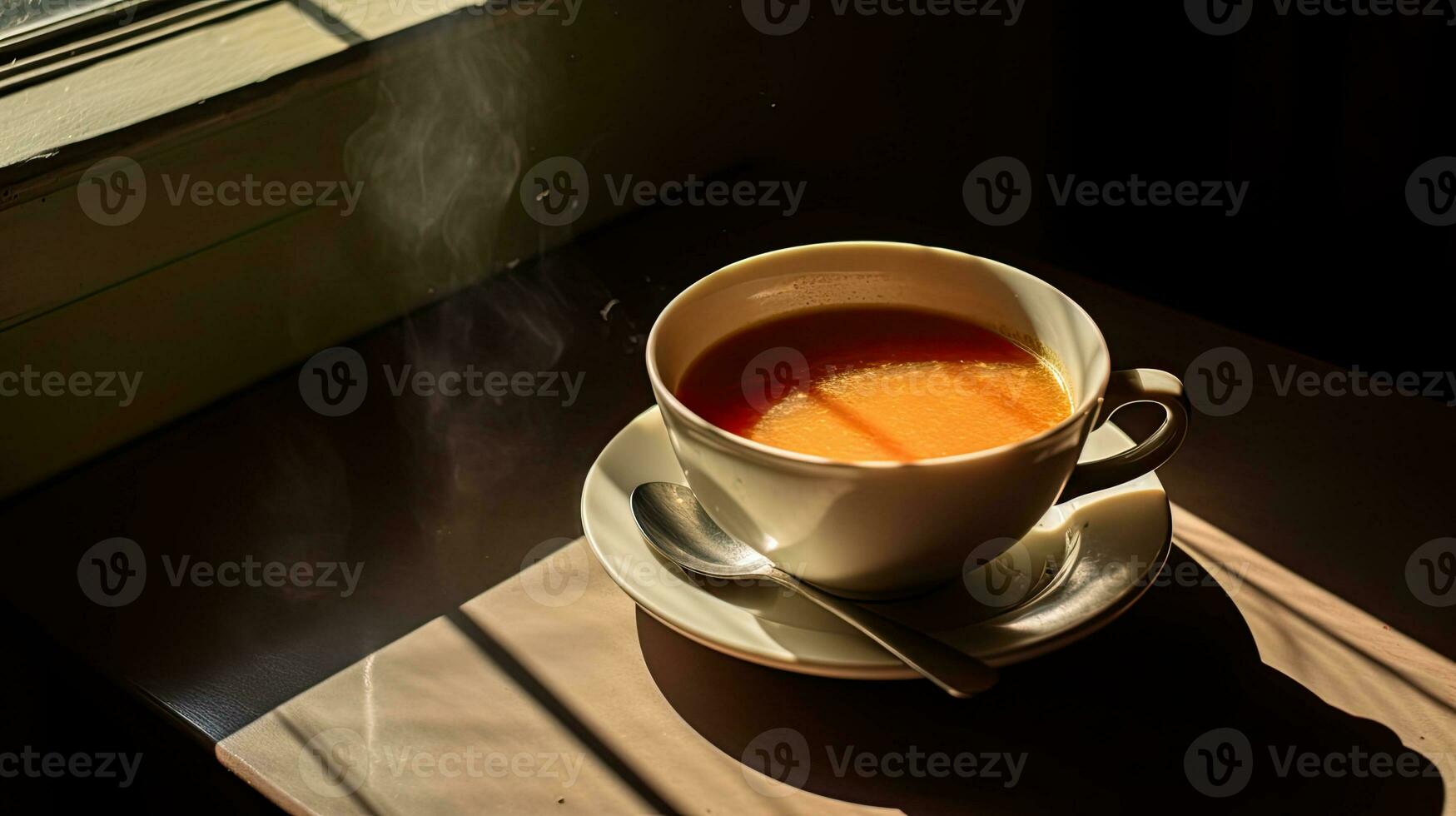 AI Generative A cup of hot bouillon on the table in the morning sunlight. photo