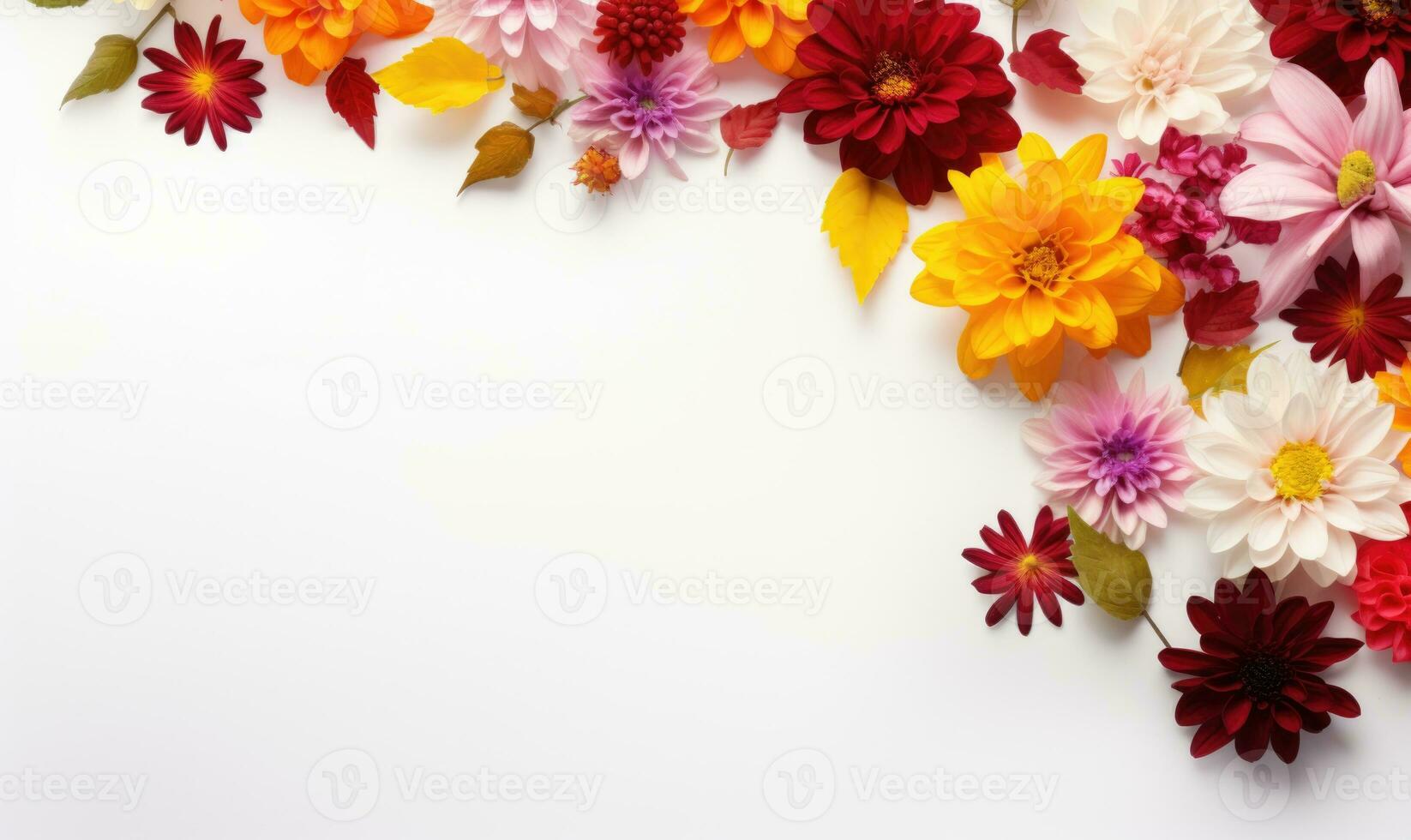 Ai generated Autumn flowers frame on wooden background. Seasonal yellow and red flowers. Autumn background. Space for text. photo