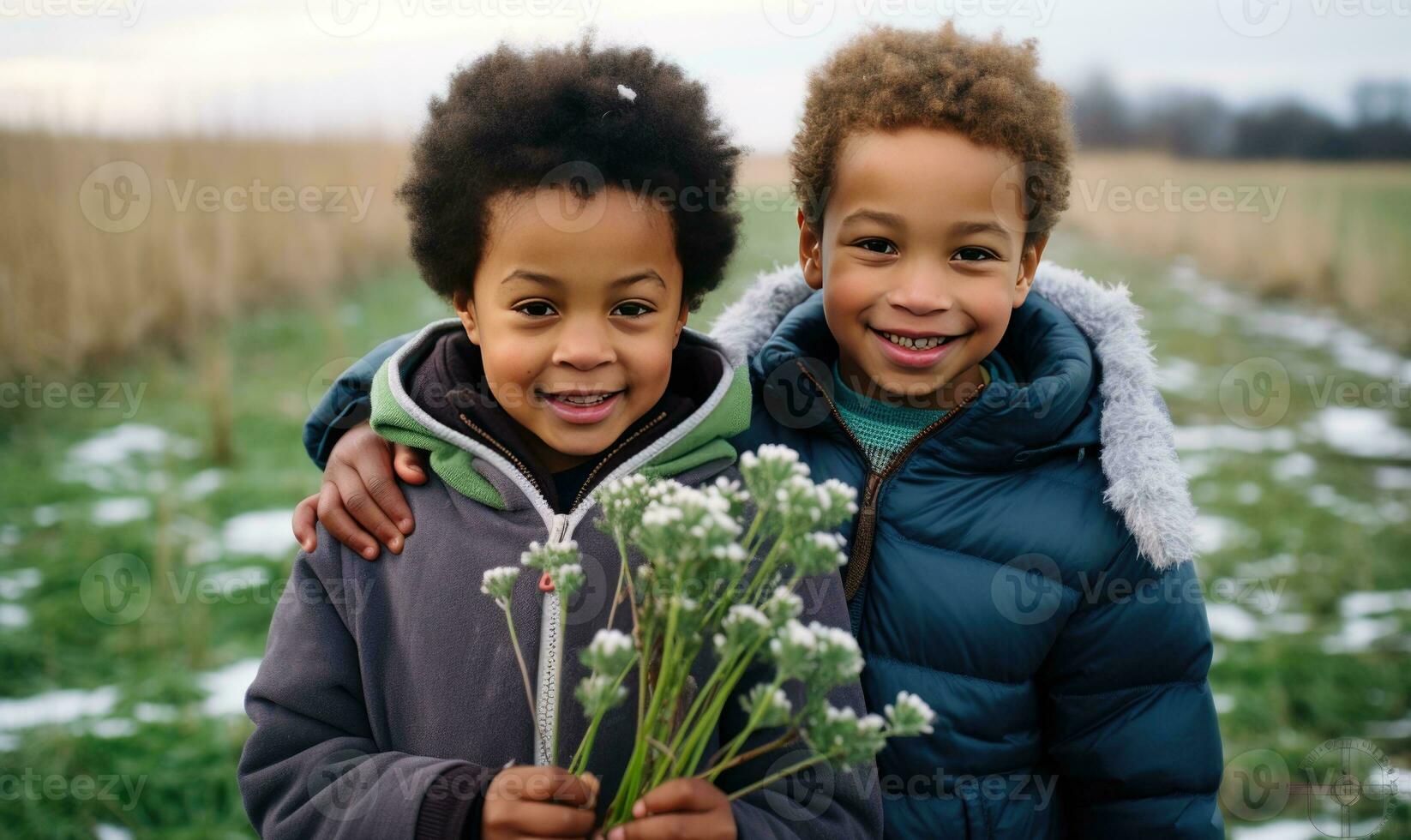 Two children holding a bouquet of flowers together. Ai generated photo