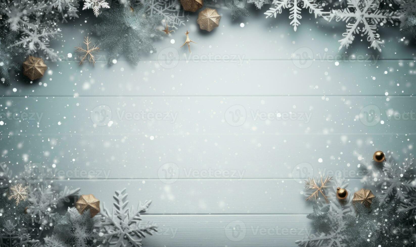 Ai generated Christmas background. Spruce branch and snowflakes frame. Space for text. photo