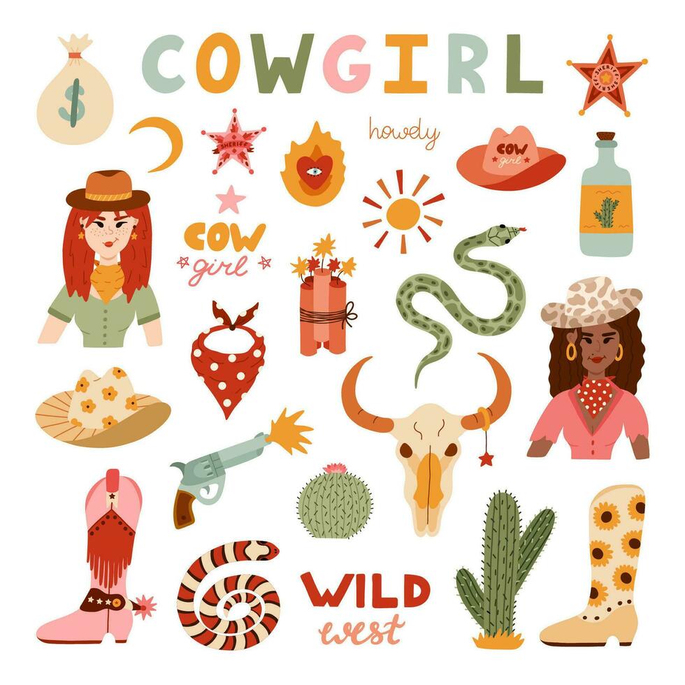 Big cowgirl set in trendy flat style. Hand drawn simple vector illustration with western boots, hat, snake, cactus, bull skull, sheriff badge star. Cowboy theme with symbols of Texas and Wild West