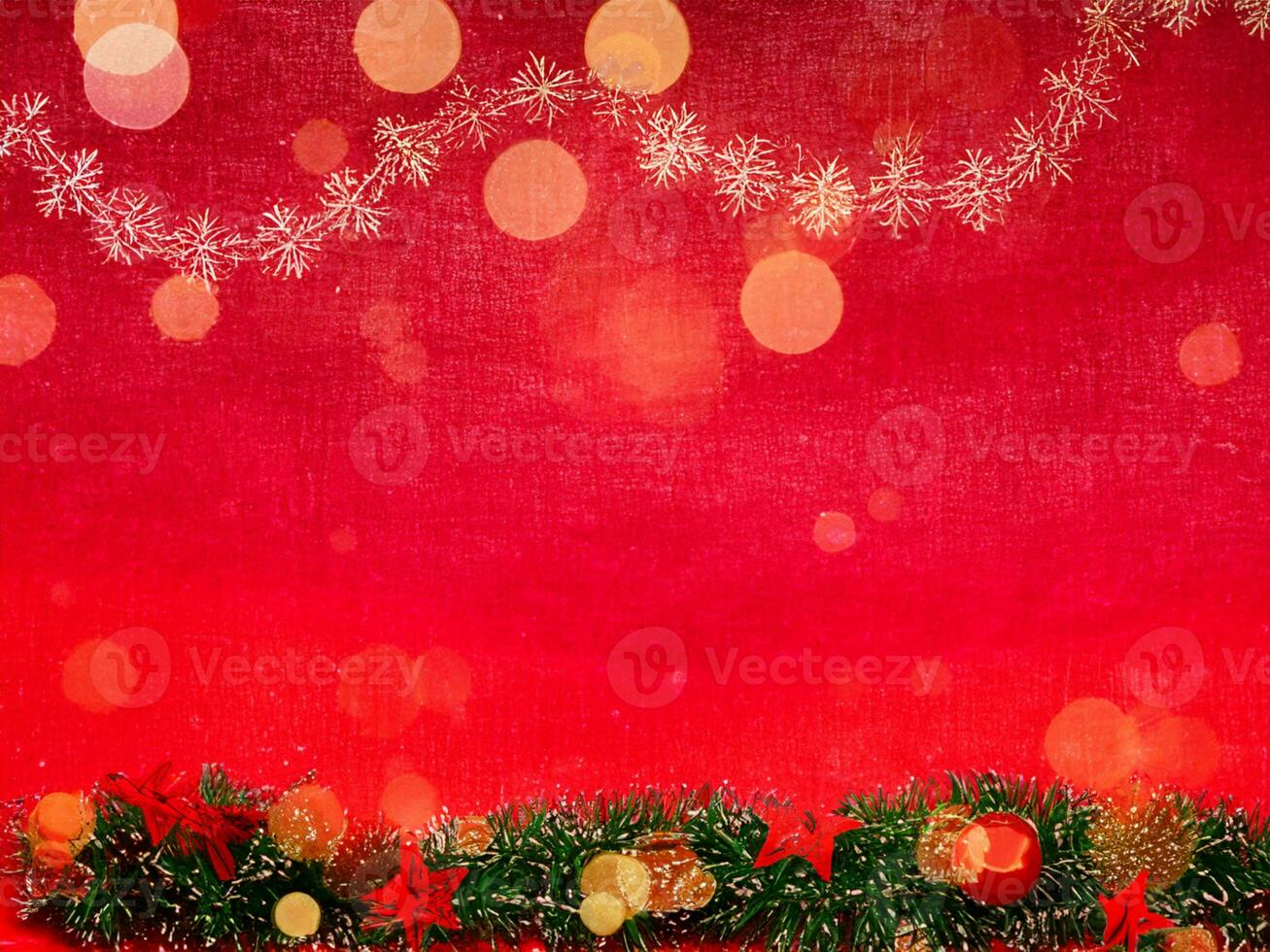 Christmas background with xmas tree and sparkle bokeh lights on red canvas background photo