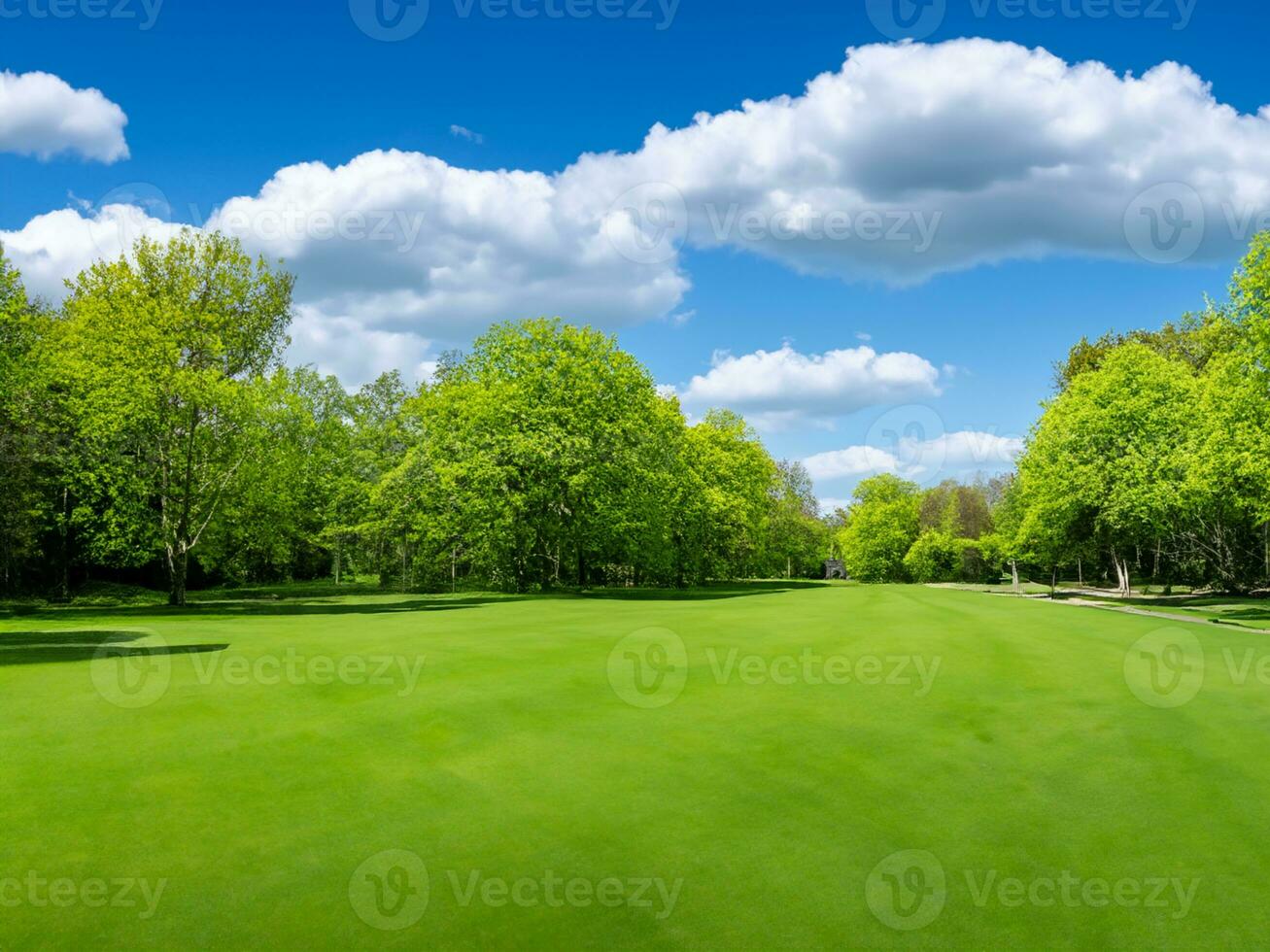 Beautiful blurred background image of spring nature with a neatly trimmed lawn surrounded by trees against a blue sky with clouds on a bright sunny day. photo