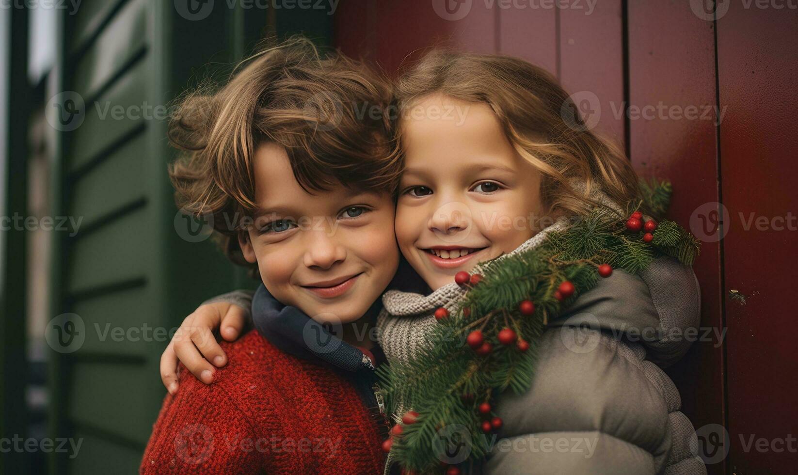 Two kids smiling together. Winter season. Sunset light. Ai generated photo