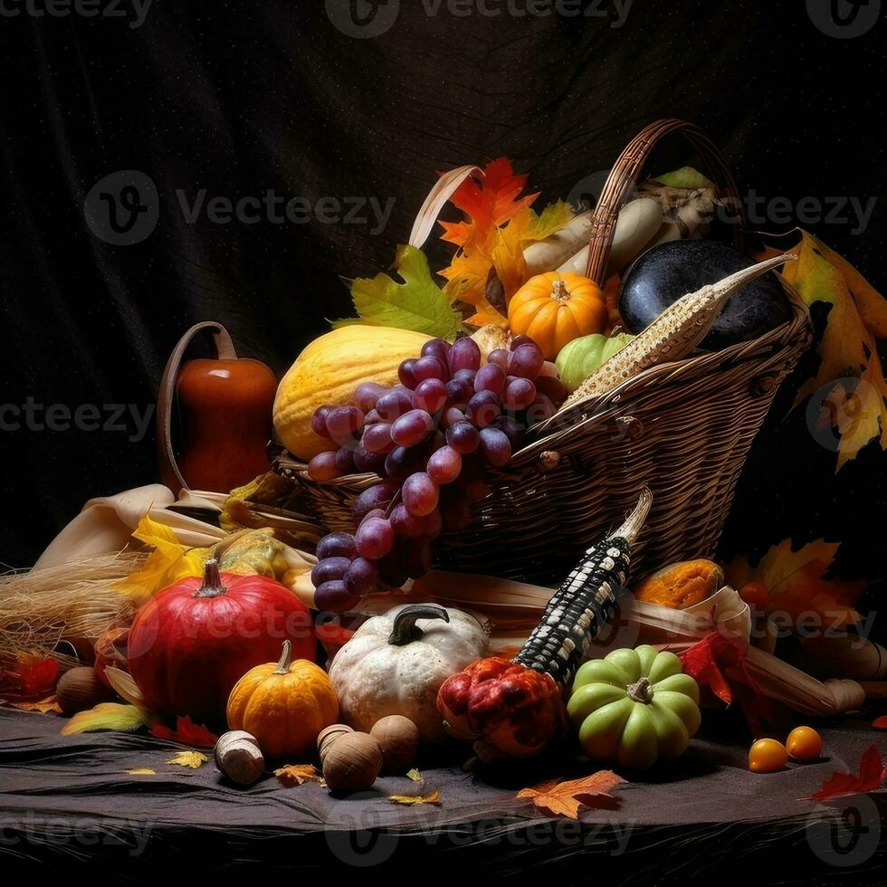 AI Generative Autumn still life with pumpkins, berries and leaves on wooden background photo