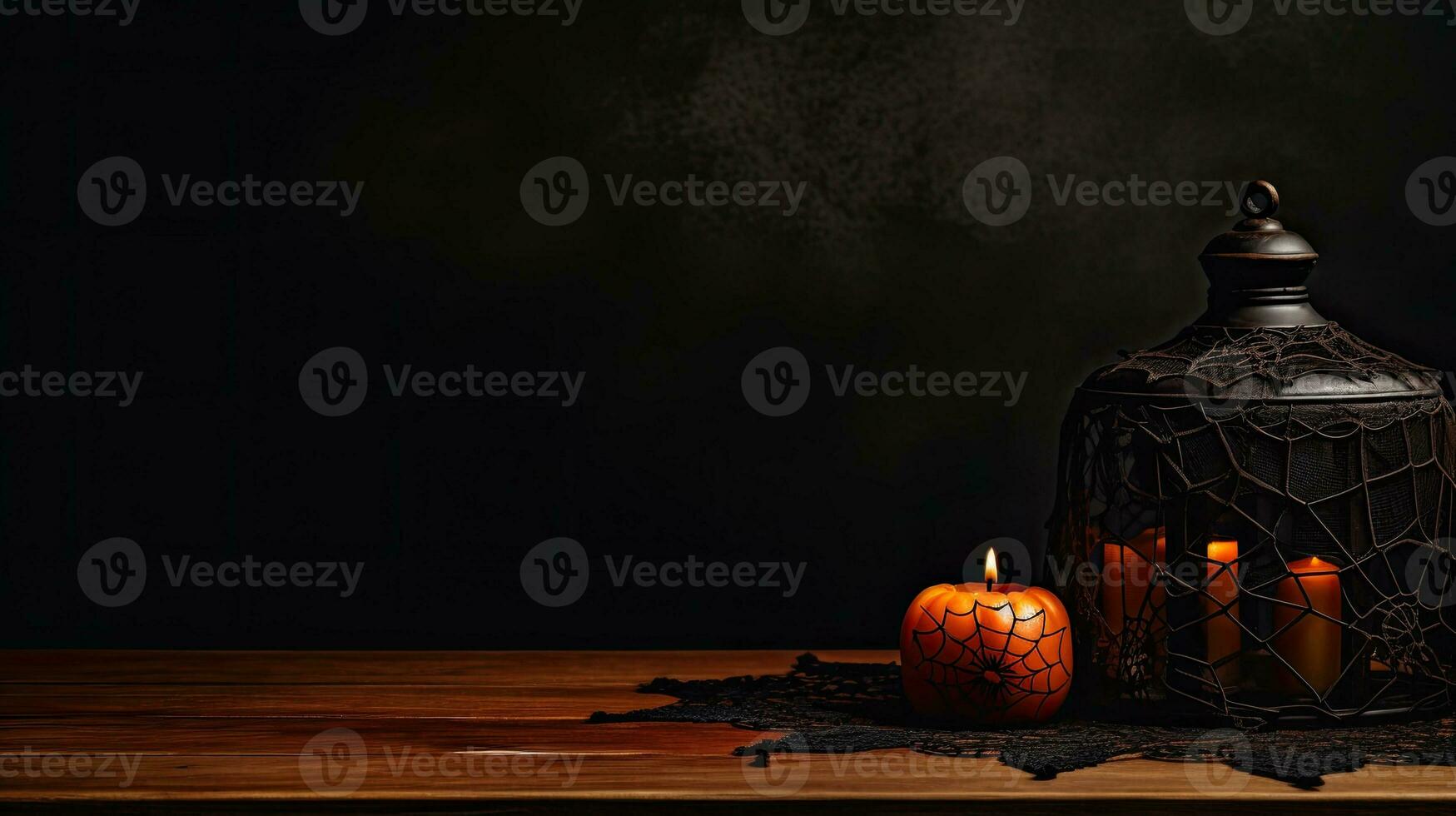 AI Generative Jack lantern on the table. Halloween night. Burning candles. Halloween background. photo
