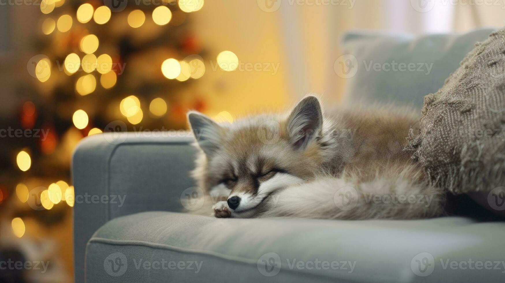 ai generado linda pequeño zorro dormido en sofá en habitación con Navidad árbol y luces foto