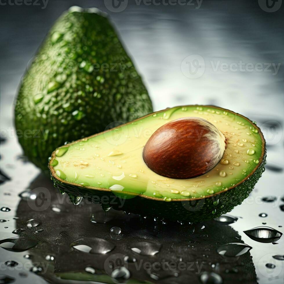 AI Generative Fresh avocado with water drops on black background. Healthy food concept. Cut half avocado. photo