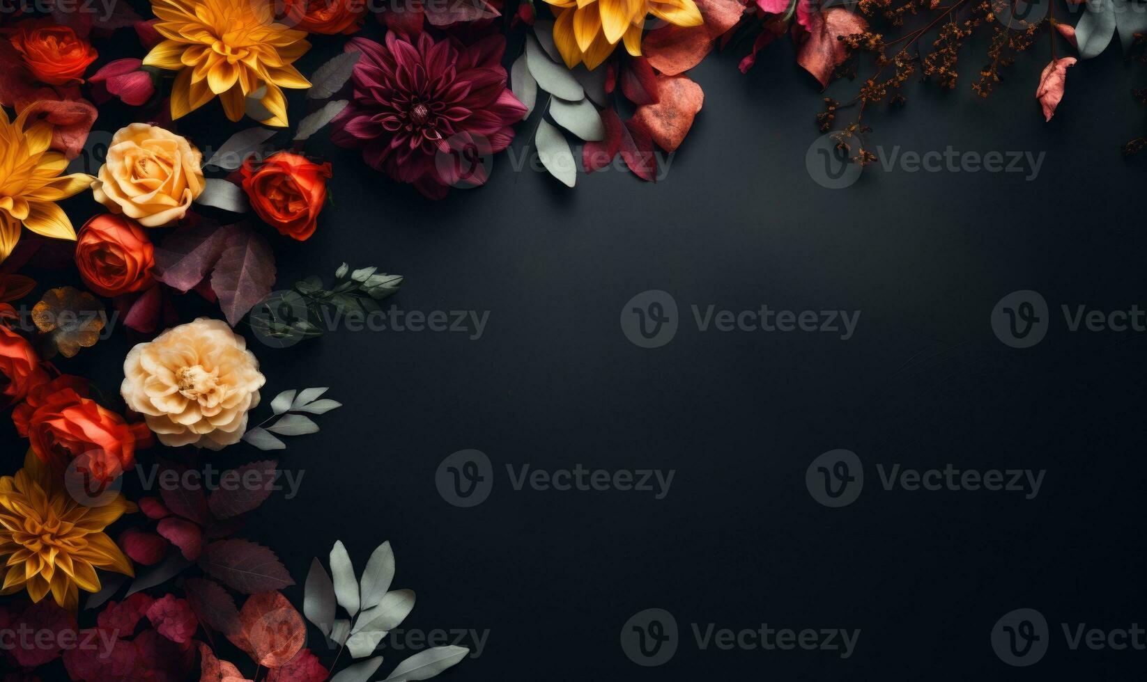 Ai generated Autumn flowers frame on wooden background. Seasonal yellow and red flowers. Autumn background. Space for text. photo