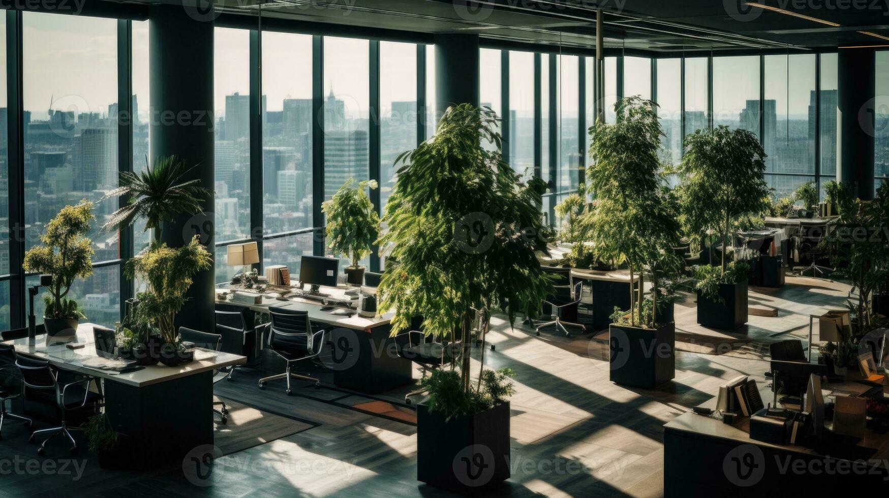 AI Generative Modern office interior with computers and green plants. Blurred background. photo