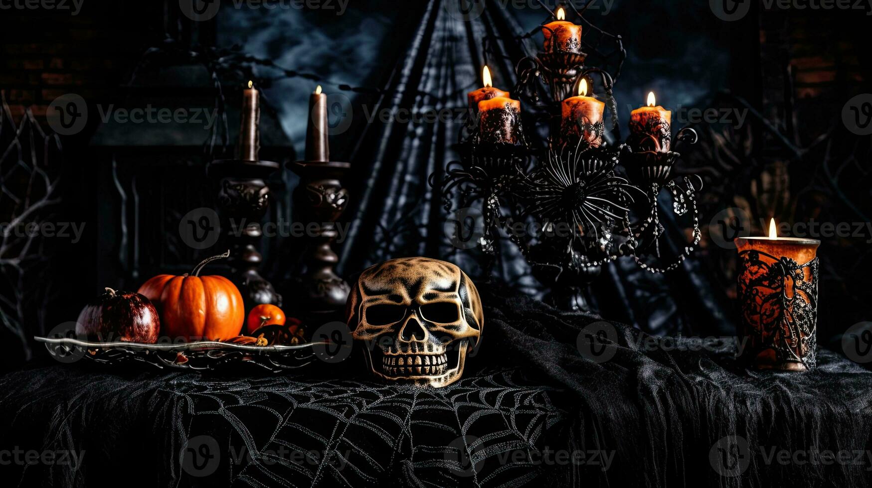 AI Generative Jack lantern on the table. Halloween night. Burning candles. Halloween background. photo