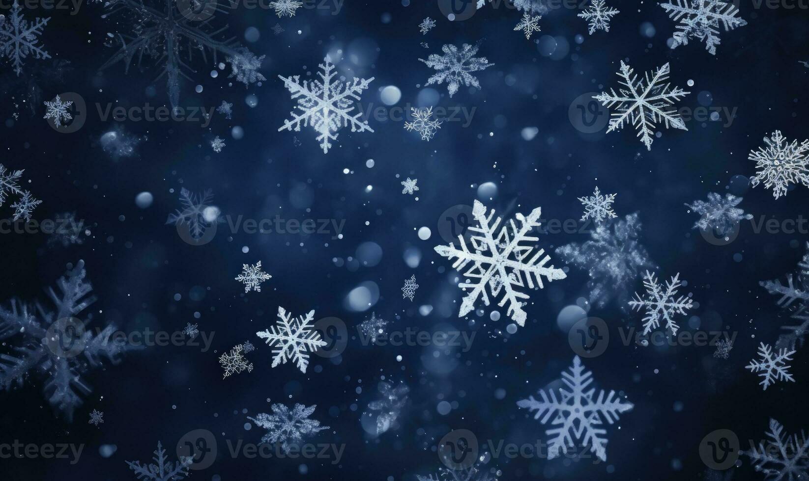 Ai generated Falling snowflakes on blue background. Blurred snowflakes. Christmas background. photo