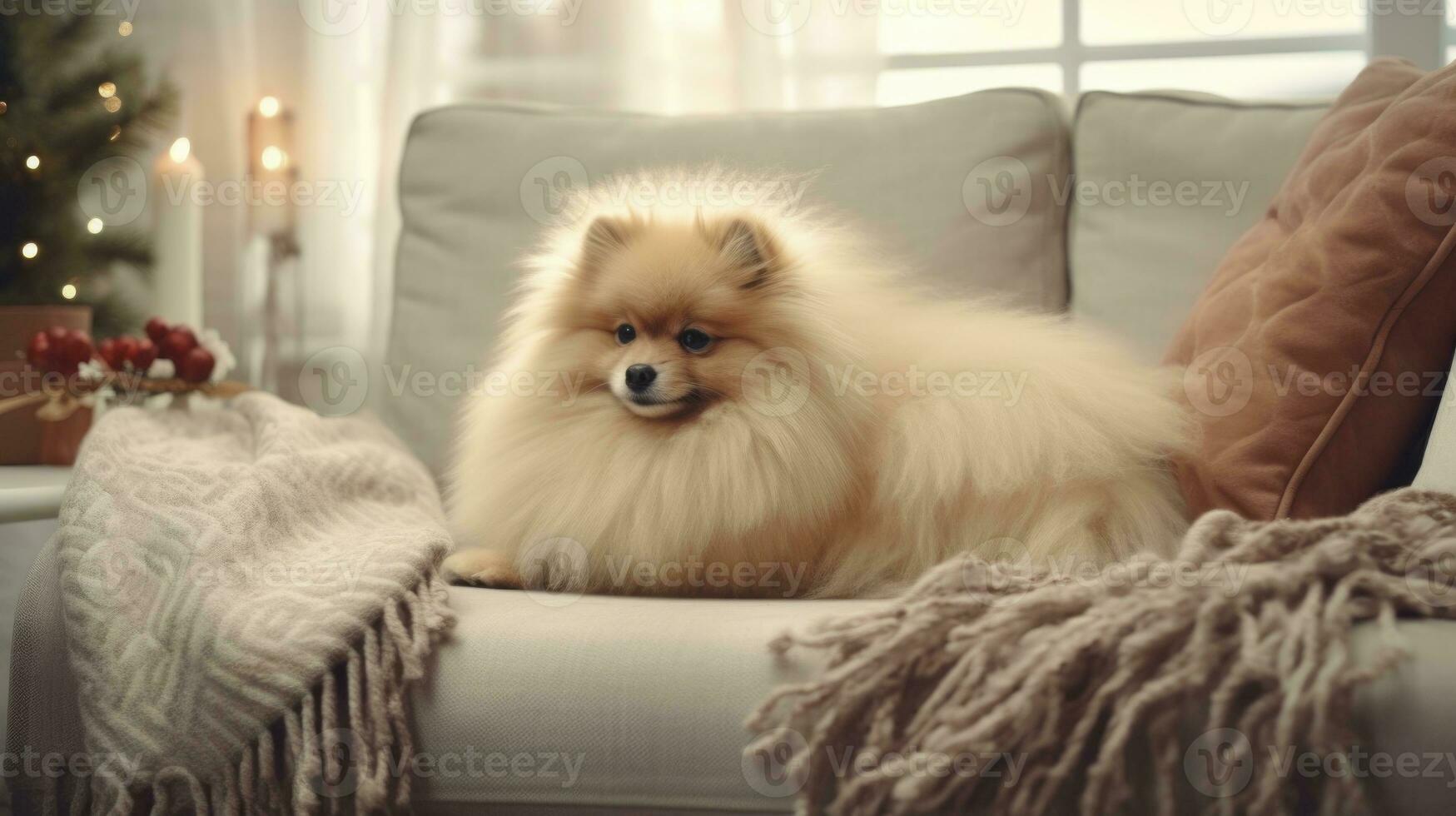 Cute Pomeranian dog on sofa in room decorated for Christmas Ai generated photo