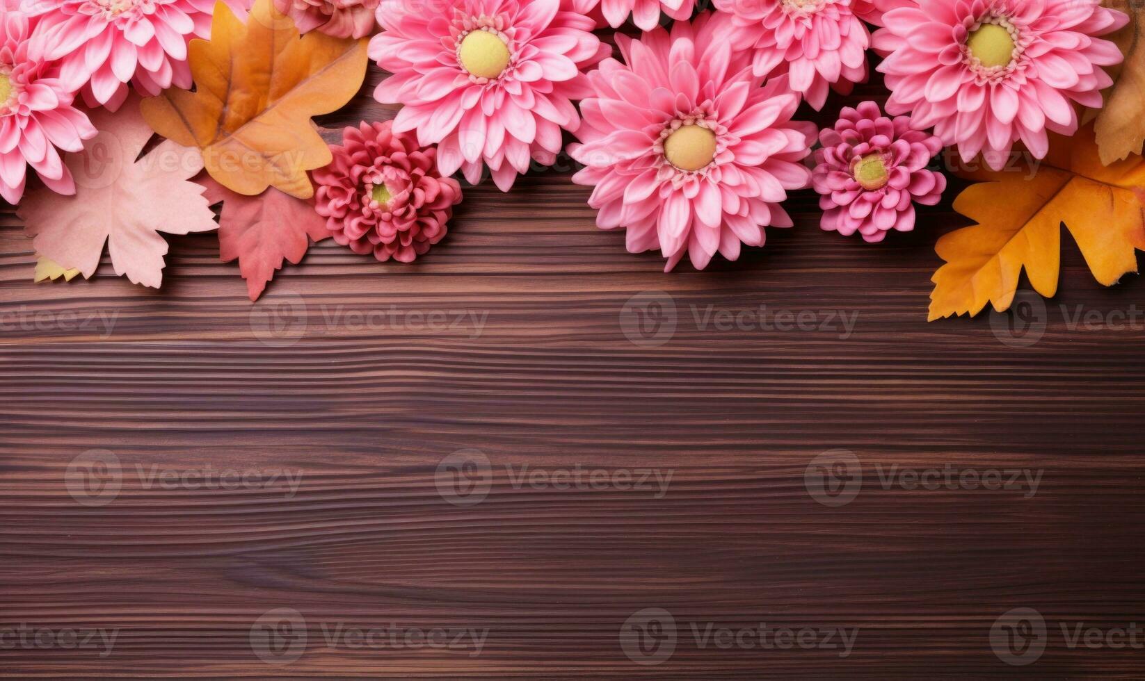 Ai generated Autumn flowers frame on wooden background. Seasonal yellow and red flowers. Autumn background. Space for text. photo