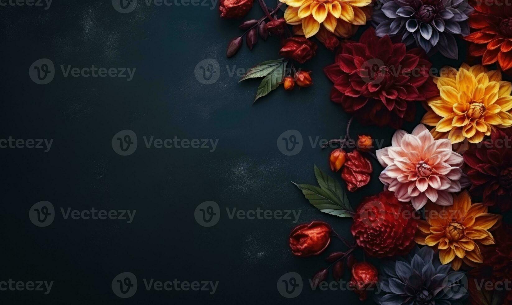 Ai generated Autumn flowers frame on wooden background. Seasonal yellow and red flowers. Autumn background. Space for text. photo