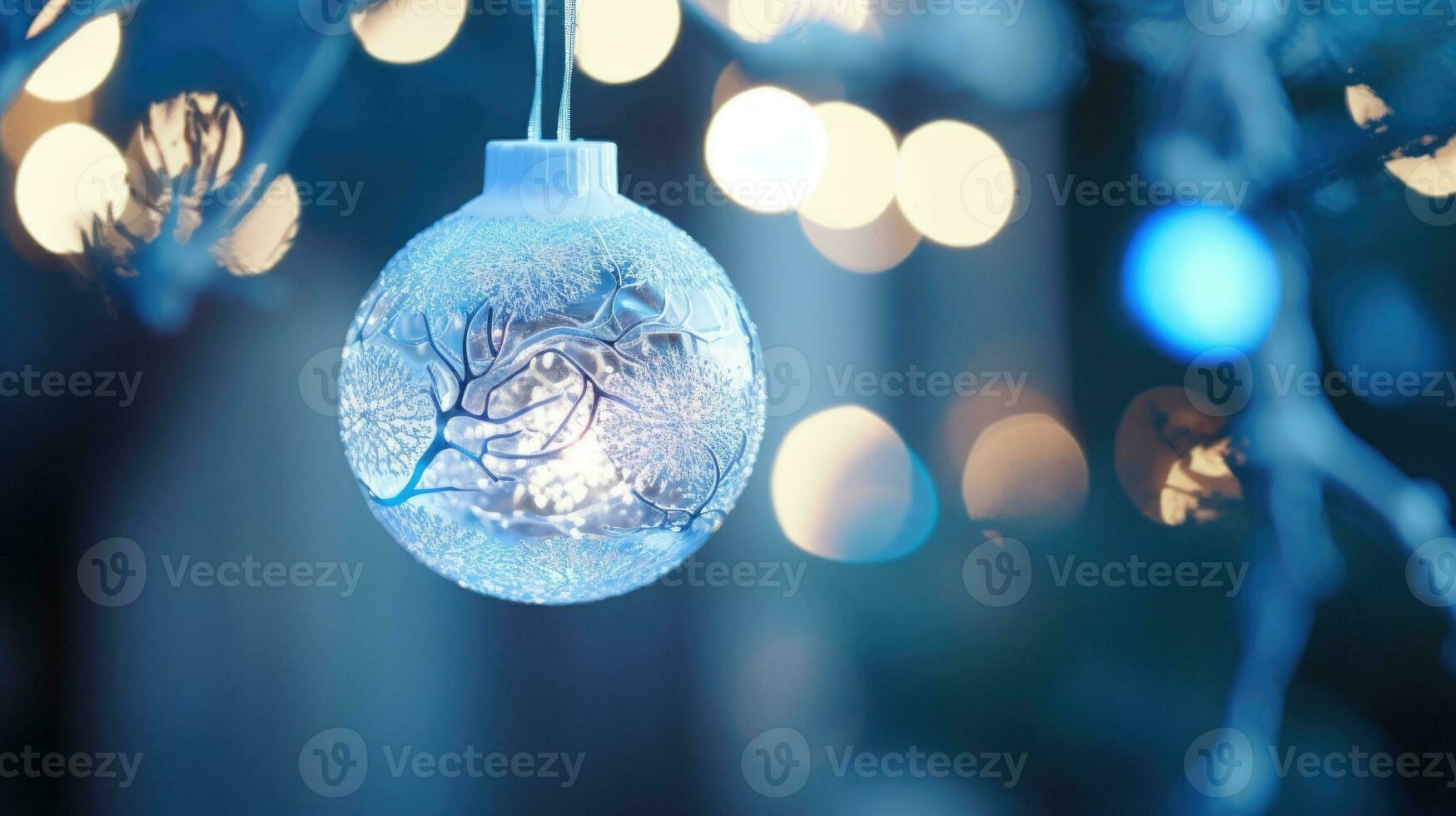 AI Generative Blue Christmas decoration hanging on a tree branch with bokeh background photo