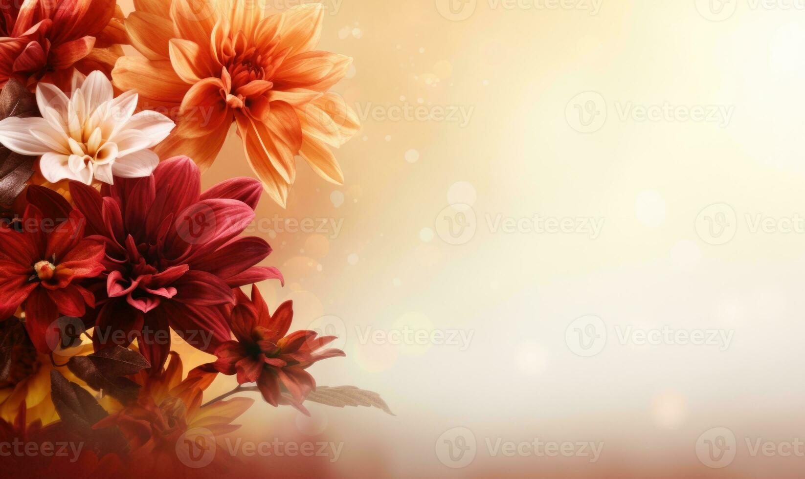 Ai generated Autumn flowers frame on wooden background. Seasonal yellow and red flowers. Autumn background. Space for text. photo