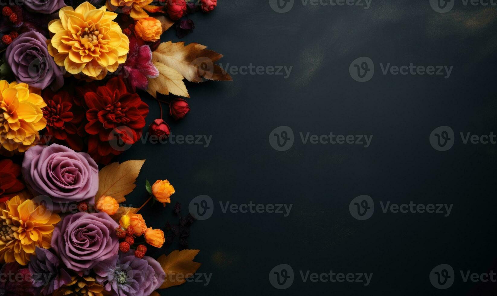 Ai generated Autumn flowers frame on wooden background. Seasonal yellow and red flowers. Autumn background. Space for text. photo