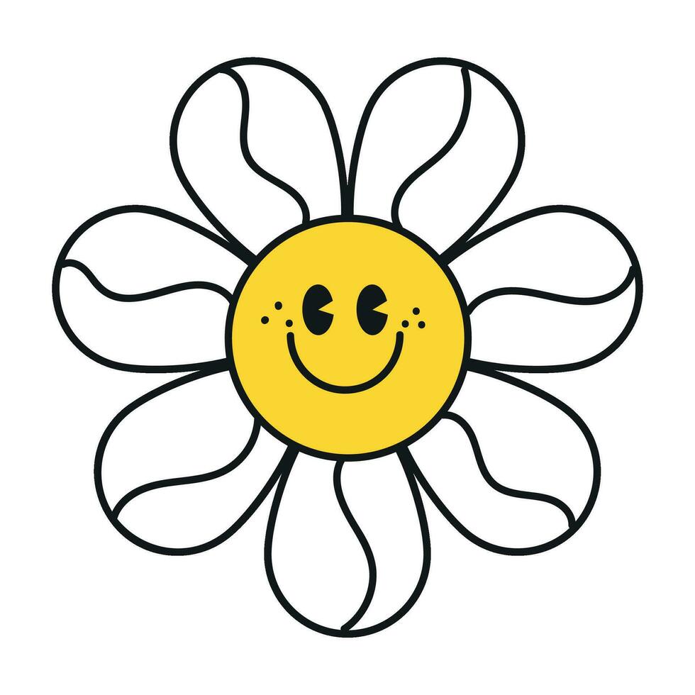 Groovy daisy flowers face collection. Retro chamomile smiles in cartoon style. Happy stickers set from 70s. Vector graphic illustration