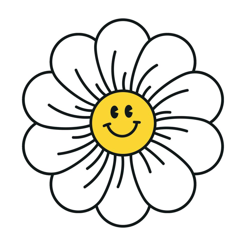 Groovy daisy flowers face collection. Retro chamomile smiles in cartoon style. Happy stickers set from 70s. Vector graphic illustration