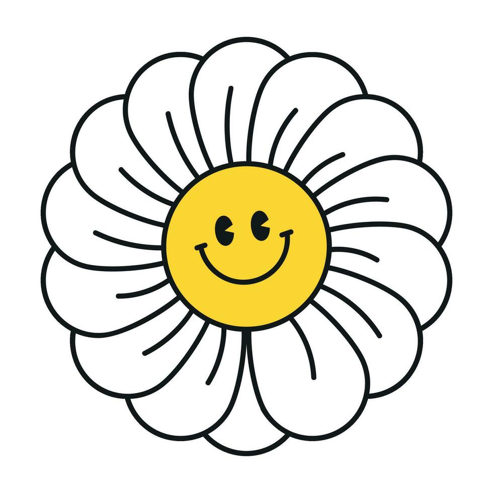 Groovy daisy flowers face collection. Retro chamomile smiles in cartoon style. Happy stickers set from 70s. Vector graphic illustration