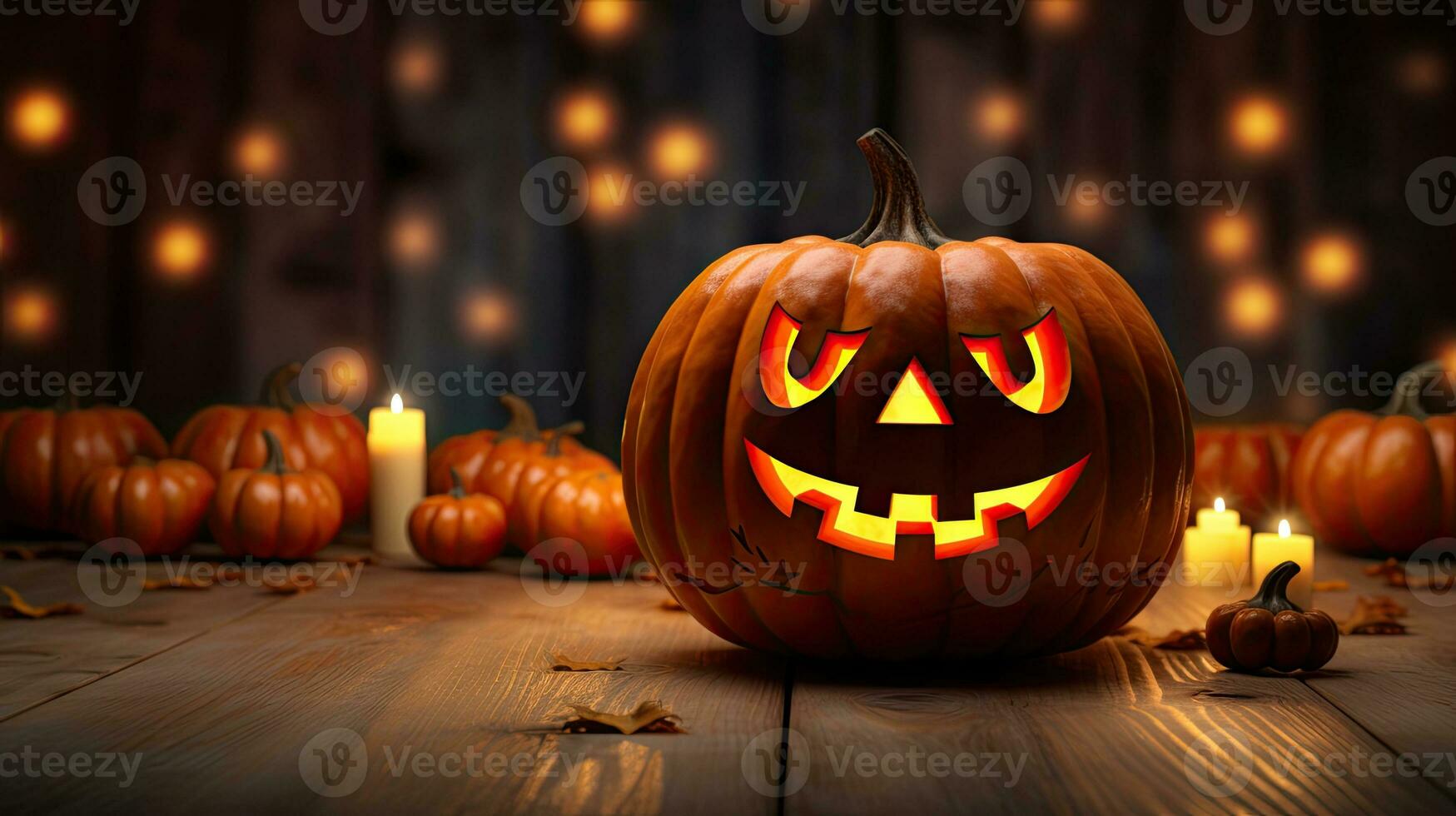 AI Generative Jack lantern on the table. Halloween night. Burning candles. Halloween background. photo