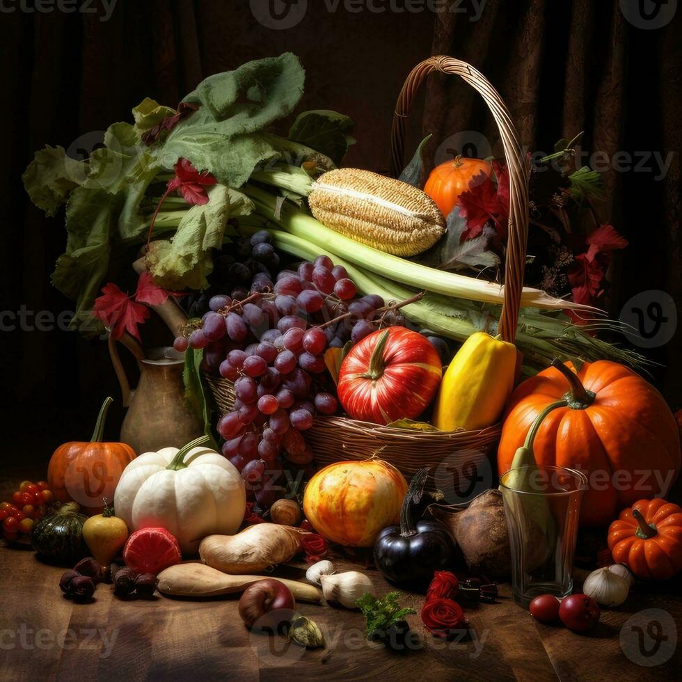 AI Generative Autumn still life with pumpkins, berries and leaves on wooden background photo