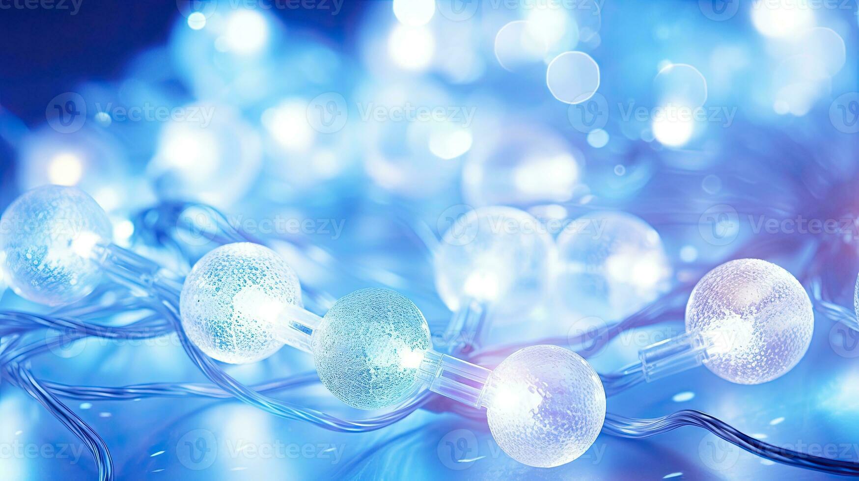 AI Generative Christmas lights on a blue background with bokeh effect. Christmas background. Closeup view with depth of filed. photo