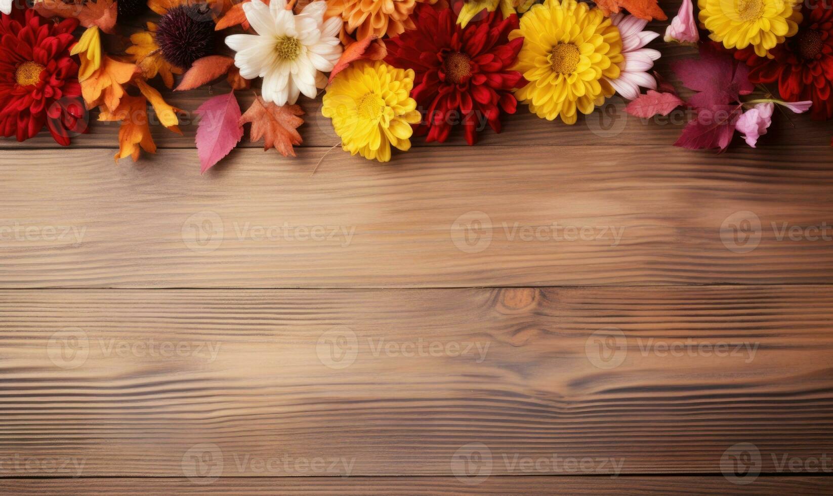 Ai generated Autumn flowers frame on wooden background. Seasonal yellow and red flowers. Autumn background. Space for text. photo