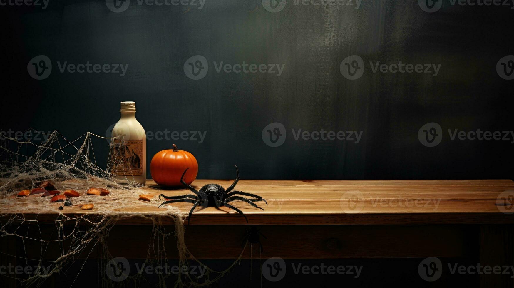 ai generativo Víspera de Todos los Santos antecedentes con calabazas, arañas y velas en de madera mesa foto