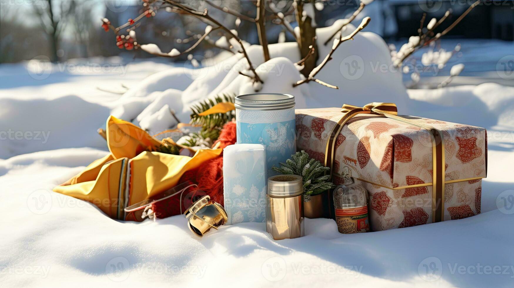 AI Generative Christmas gifts on the white snow in the winter forest. Christmas background photo