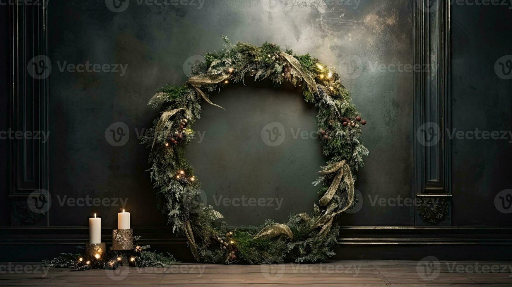 AI Generative Christmas wreath on a dark wooden background with lights and copy space photo