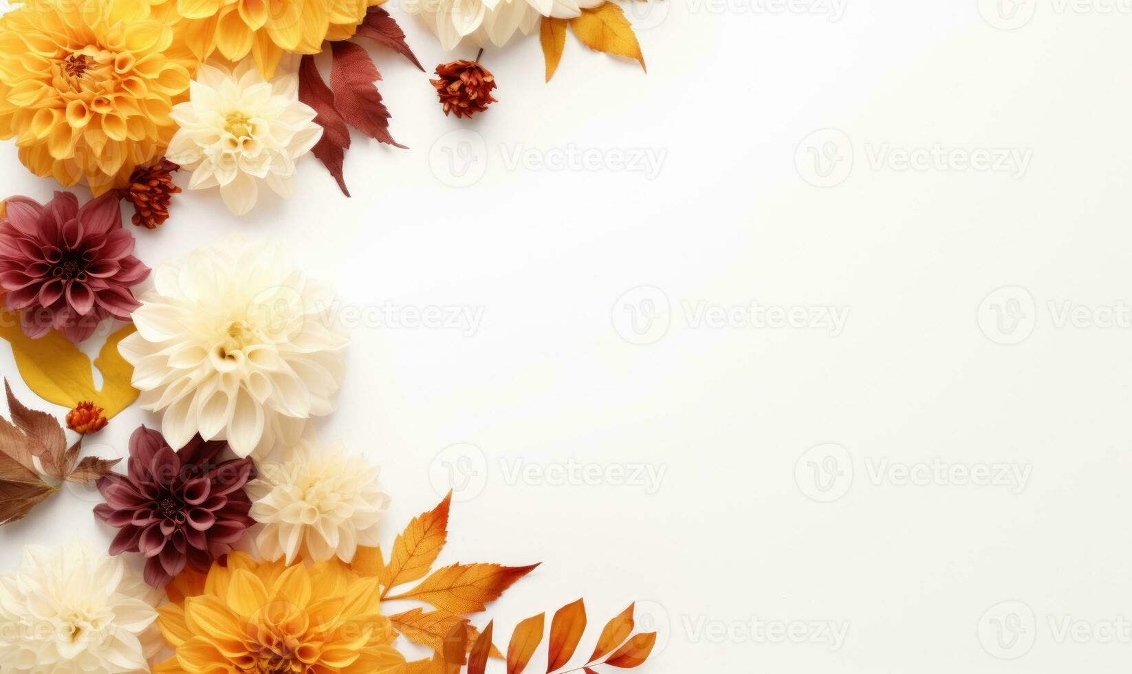 Ai generated flowers frame on wooden background. Seasonal yellow and red flowers. Autumn background. Space for text. photo