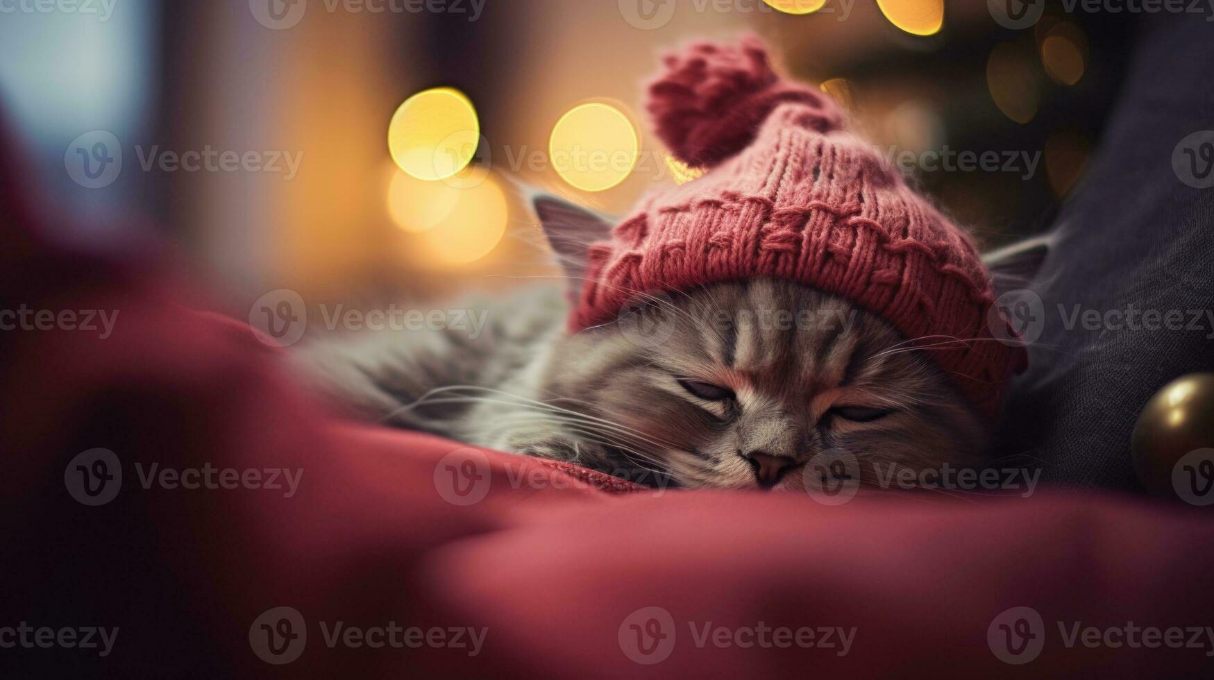 Ai generated Beautiful siberian cat in red christmas hat sleeping on sofa at home photo