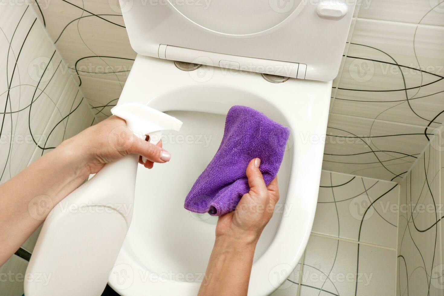 women's hands with a rag and cleaning agent washes the toilet photo