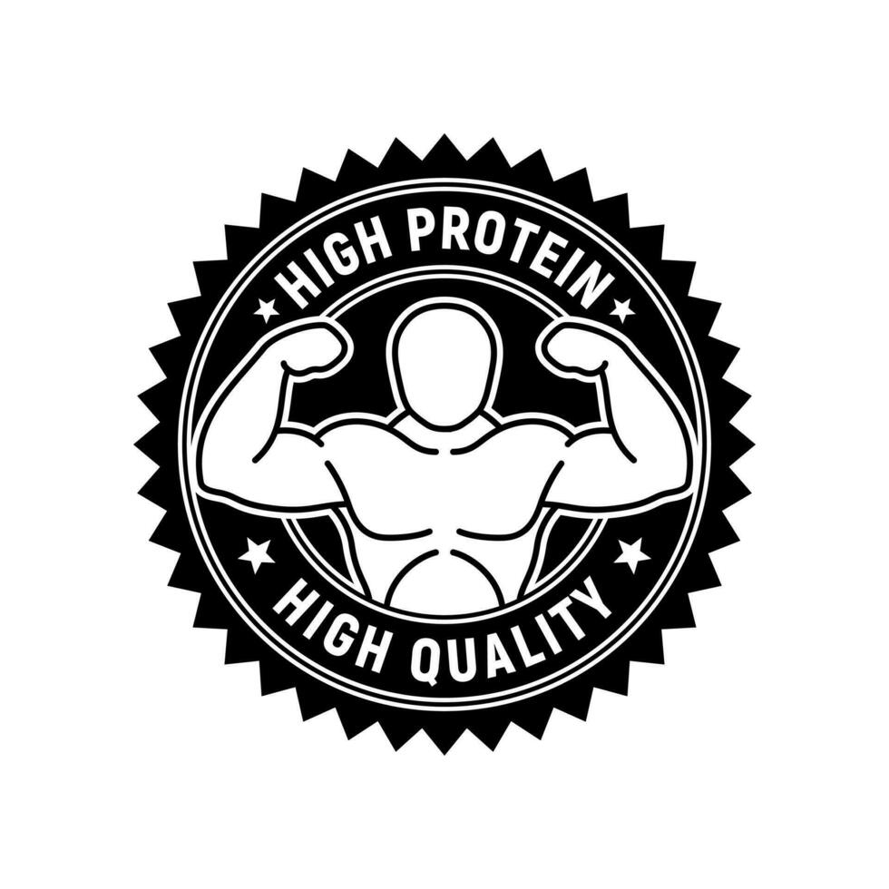 Badge of high protein. Black and white high quality rubber stamp. Design elements for labels, stickers, banners, posters for food and health business. Vector illustration.