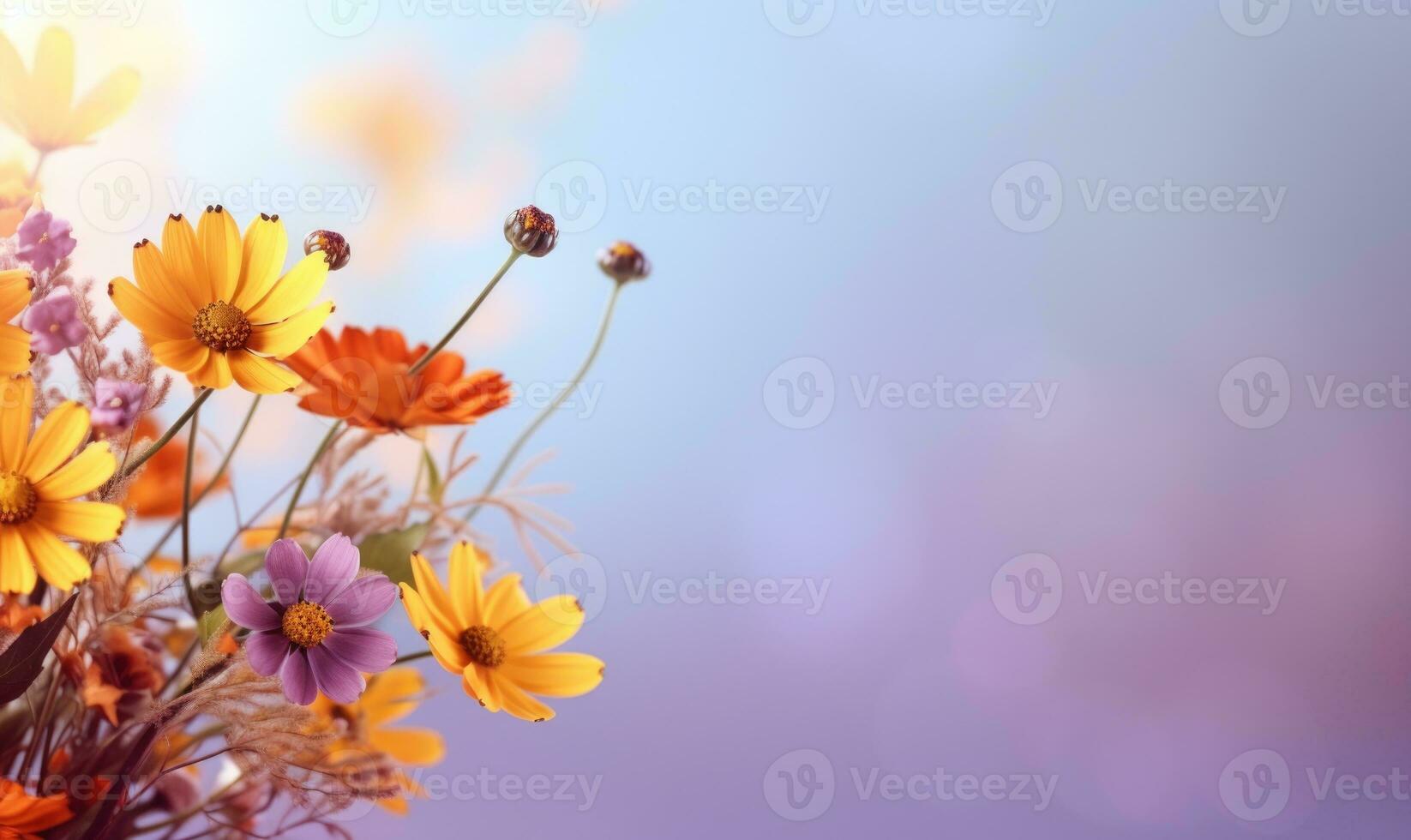 Ai generated Autumn flowers frame on wooden background. Seasonal yellow and red flowers. Autumn background. Space for text. photo