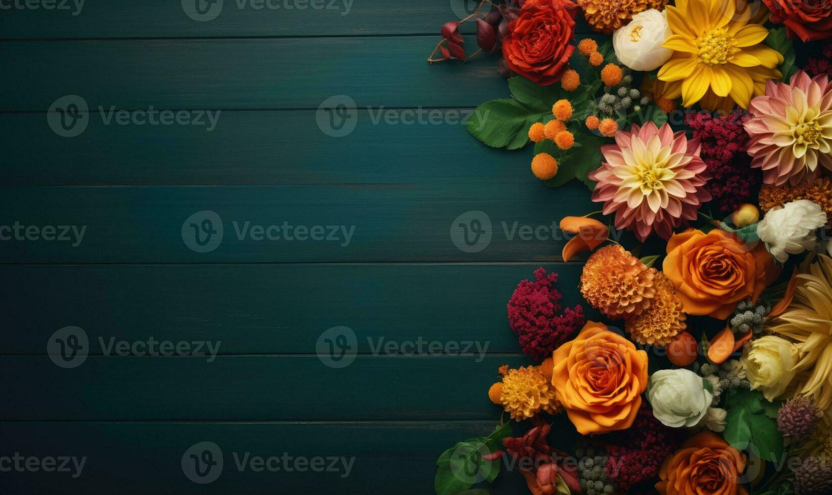 Ai generated Autumn flowers frame on wooden background. Seasonal yellow and red flowers. Autumn background. Space for text. photo