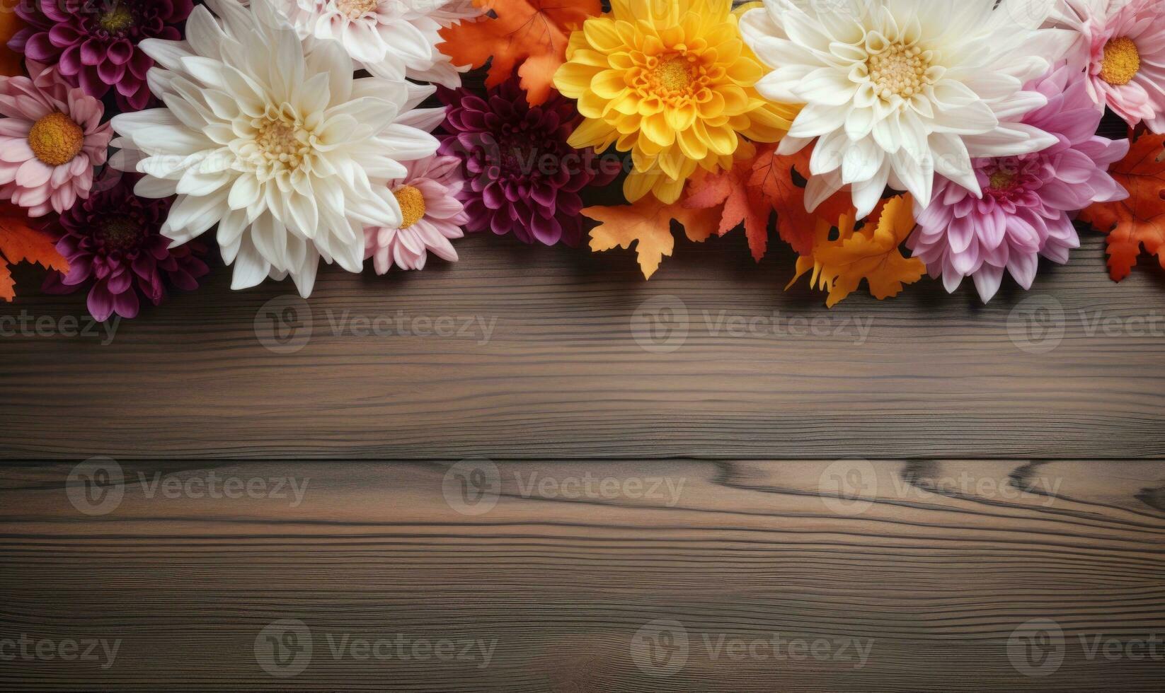 Ai generated Autumn flowers frame on wooden background. Seasonal yellow and red flowers. Autumn background. Space for text. photo