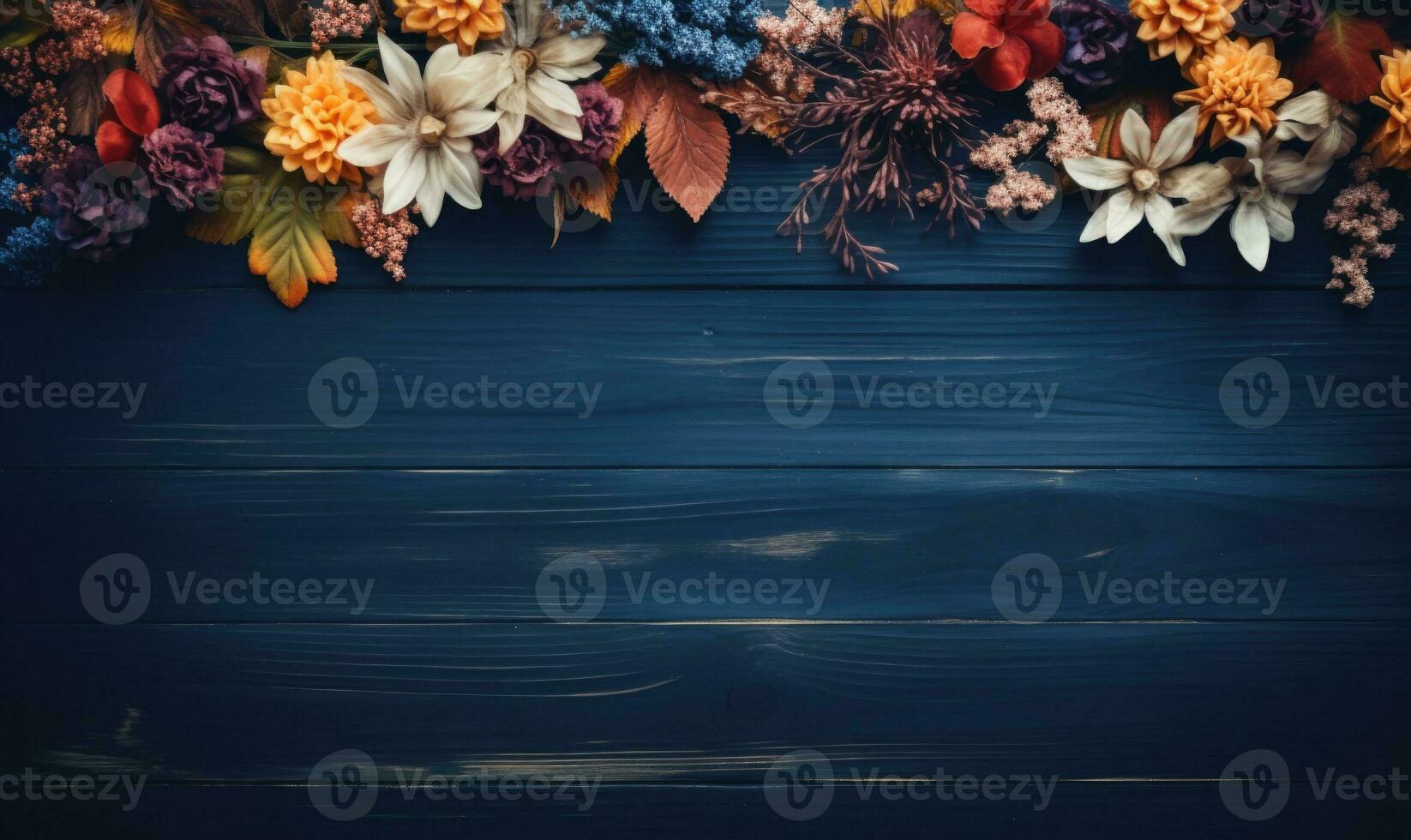 Ai generated Autumn flowers frame on wooden background. Seasonal yellow and red flowers. Autumn background. Space for text. photo